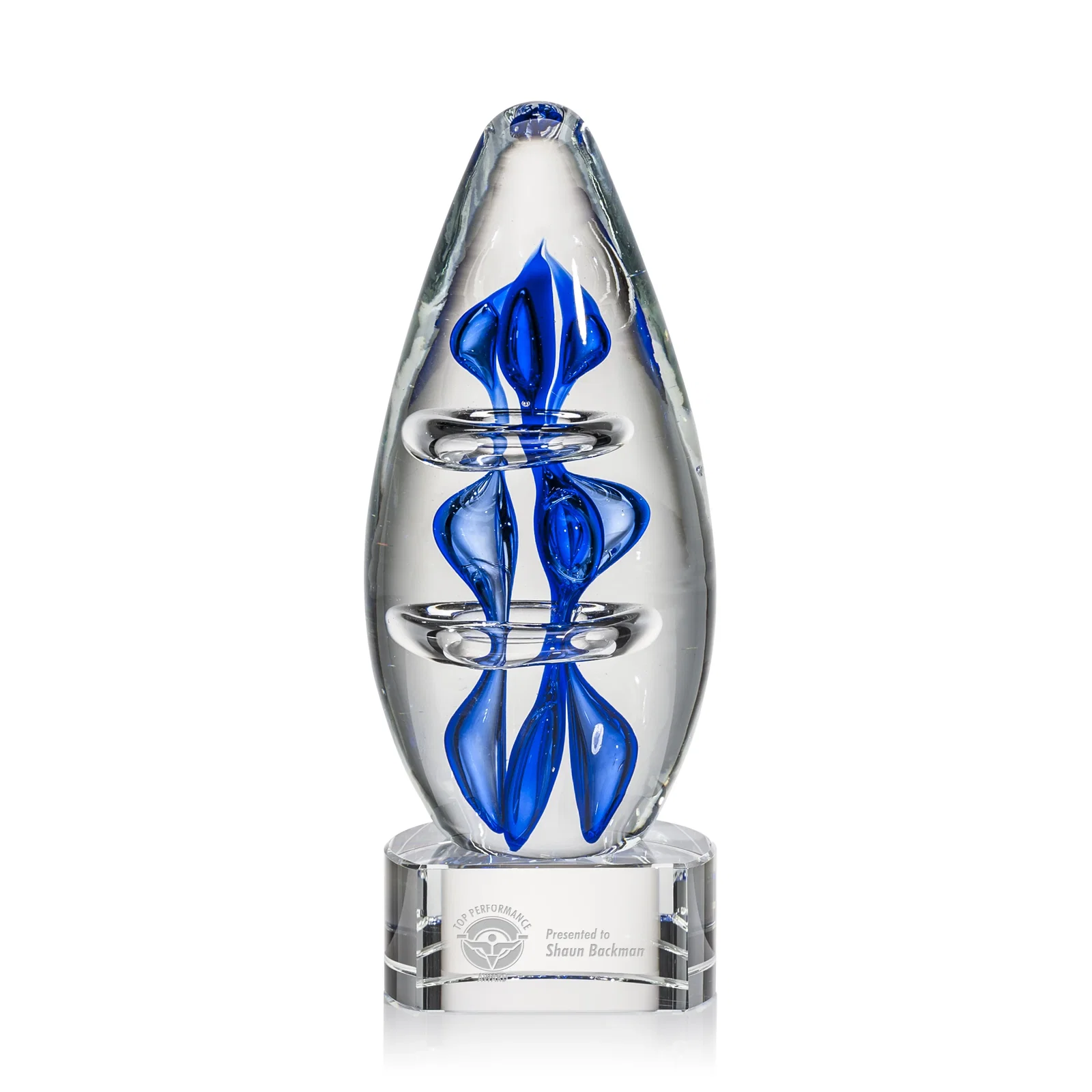 Custom Blue Hand-Blown Glass Teardrop Award for sales achievement awards