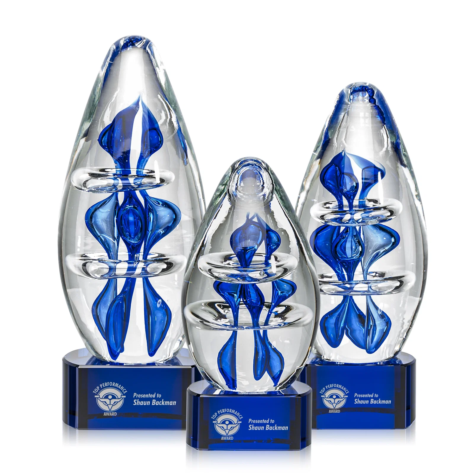 Custom Blue Hand-Blown Glass Teardrop Award for retirement presentations
