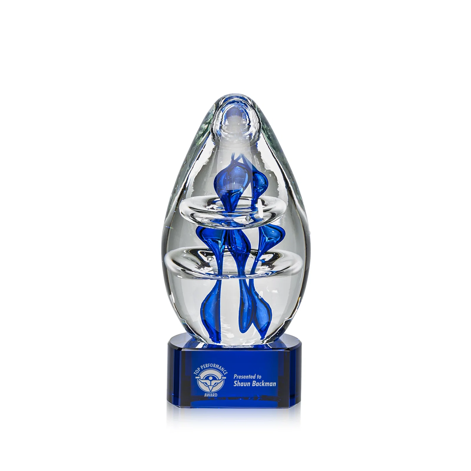 Custom Blue Hand-Blown Glass Teardrop Award for team milestone celebrations