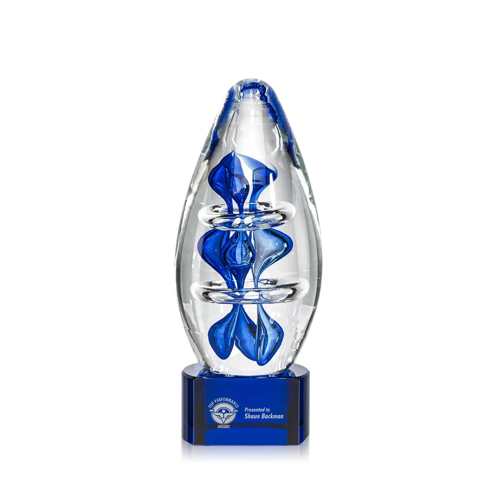 Custom Blue Hand-Blown Glass Teardrop Award for donor appreciation
