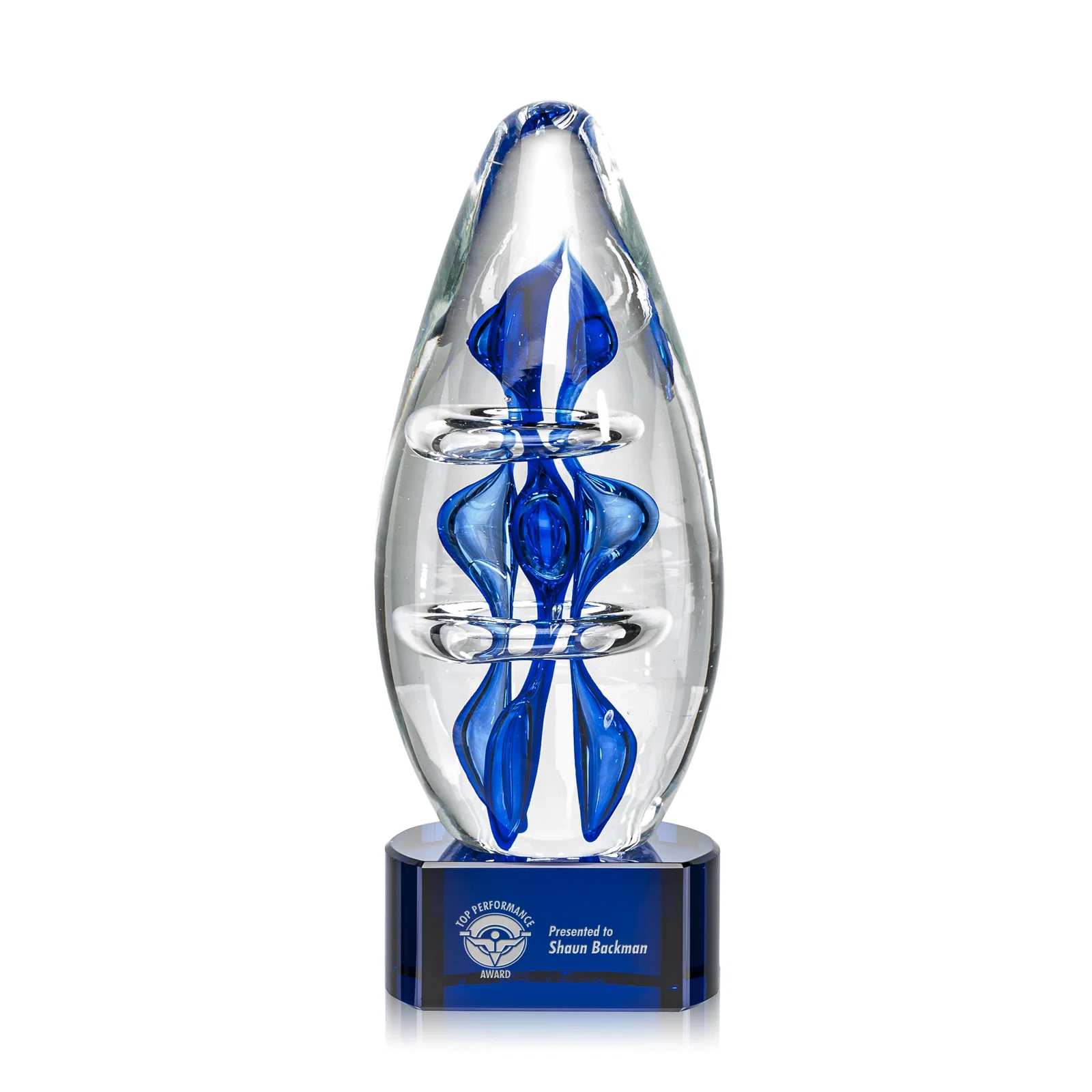 Custom Blue Hand-Blown Glass Teardrop Award for graduation ceremonies