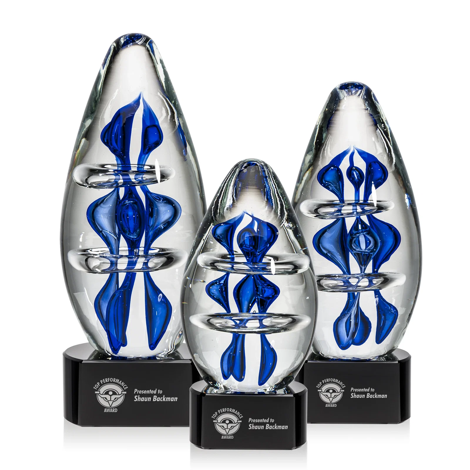 Custom Blue Hand-Blown Glass Teardrop Award for safety achievement programs