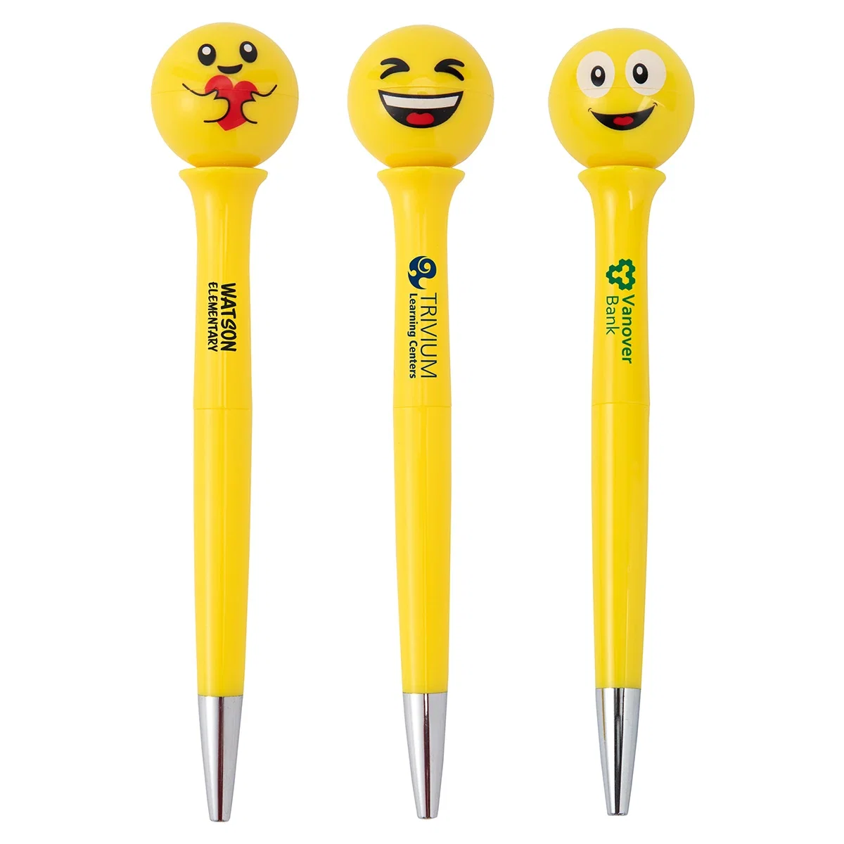 Custom Emoji Pen lineup featuring three different smiling face toppers, front view of the branded pens