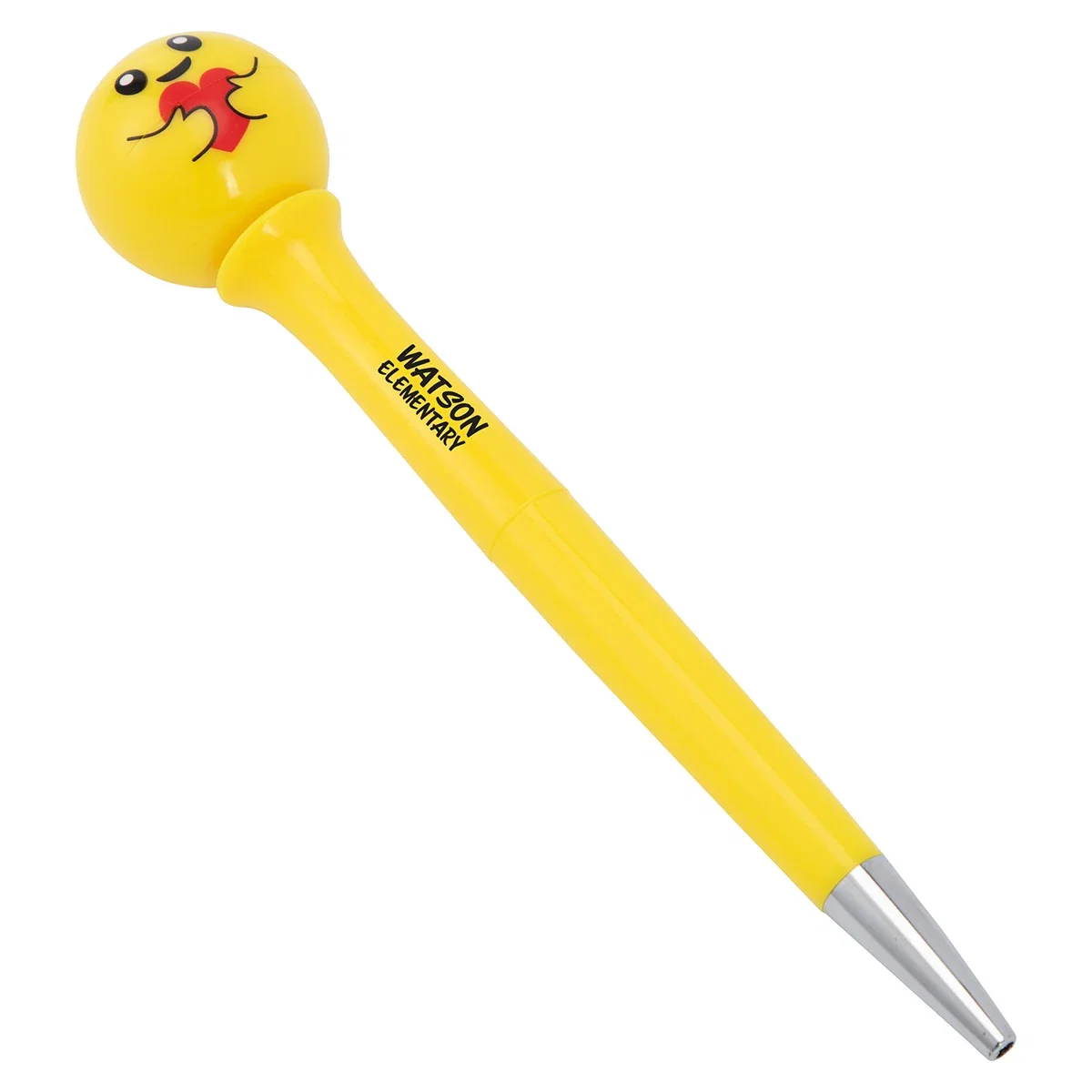 Emoji Pen with a heart-hugging face topper design, shown at an angle with the custom imprint area
