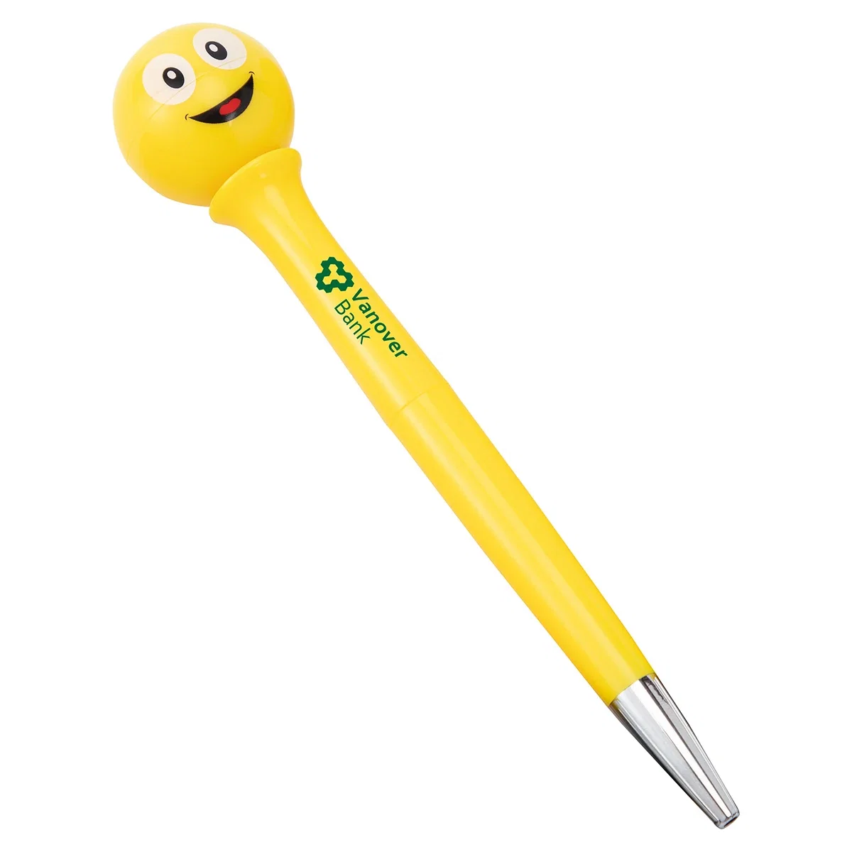 Emoji Pen with a smiling face topper design, showing the custom imprint area on the barrel