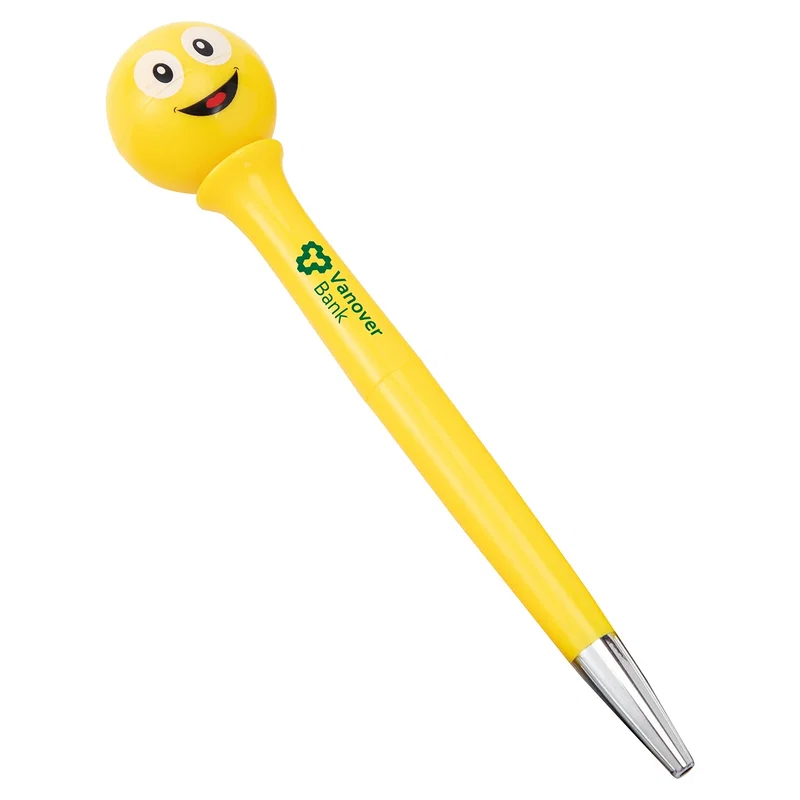Emoji Pen with a smiling face topper design, showing the custom imprint area on the barrel