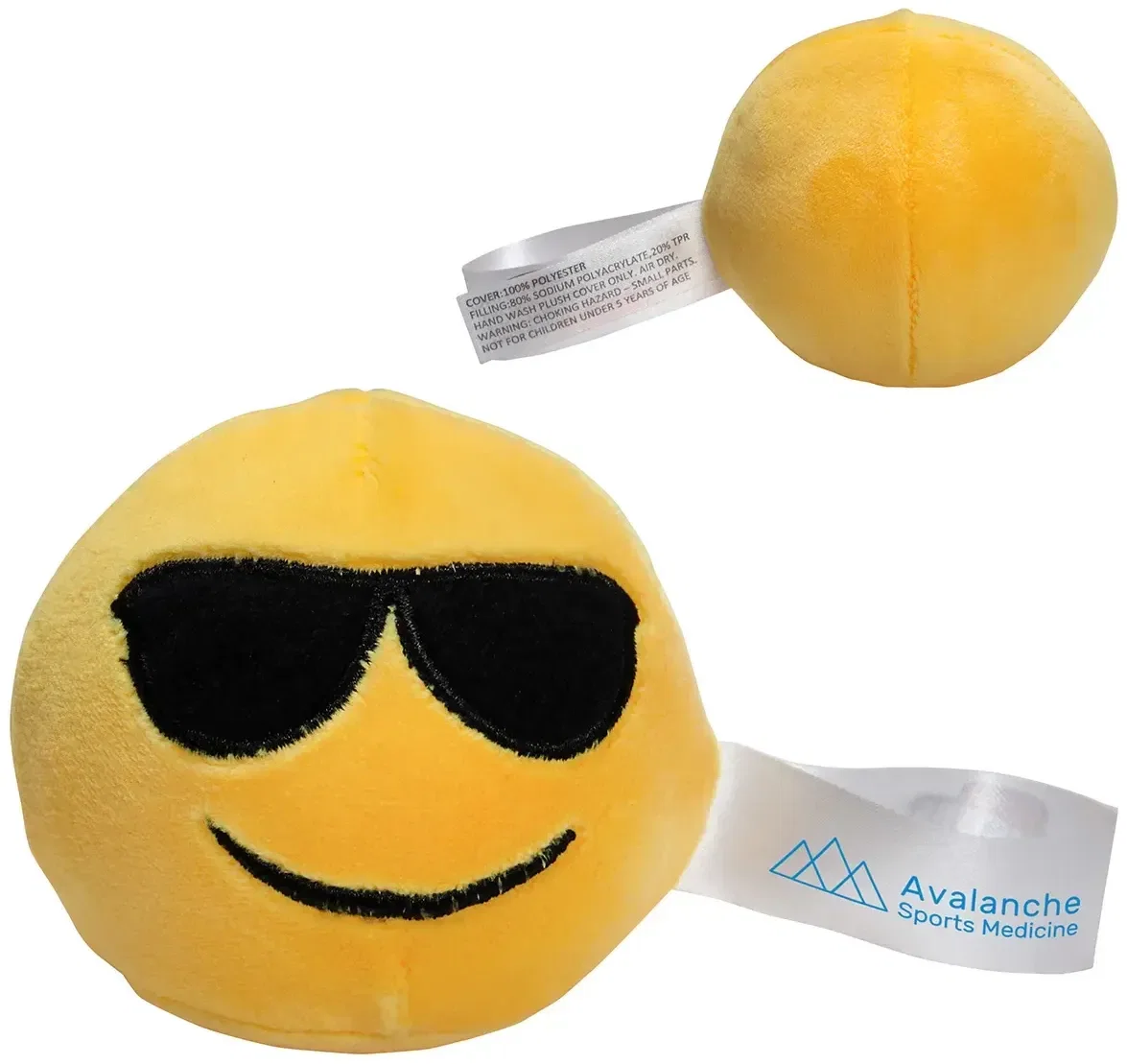 Custom sunglasses emoji plush stress buster, branded promotional squeeze toy front view