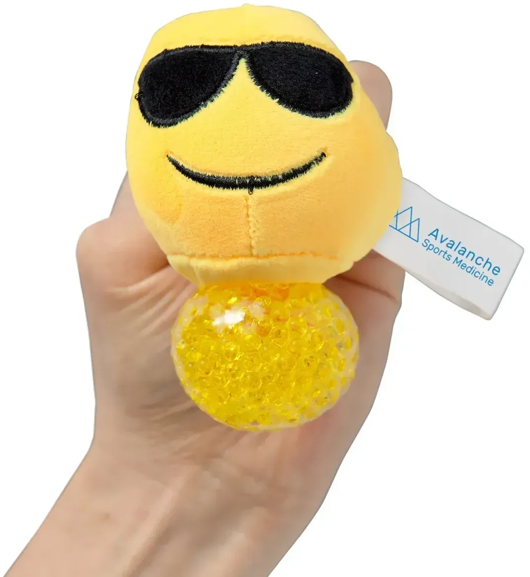 Branded emoji sunglasses plush squeeze toy, side profile showing the cool shades detail