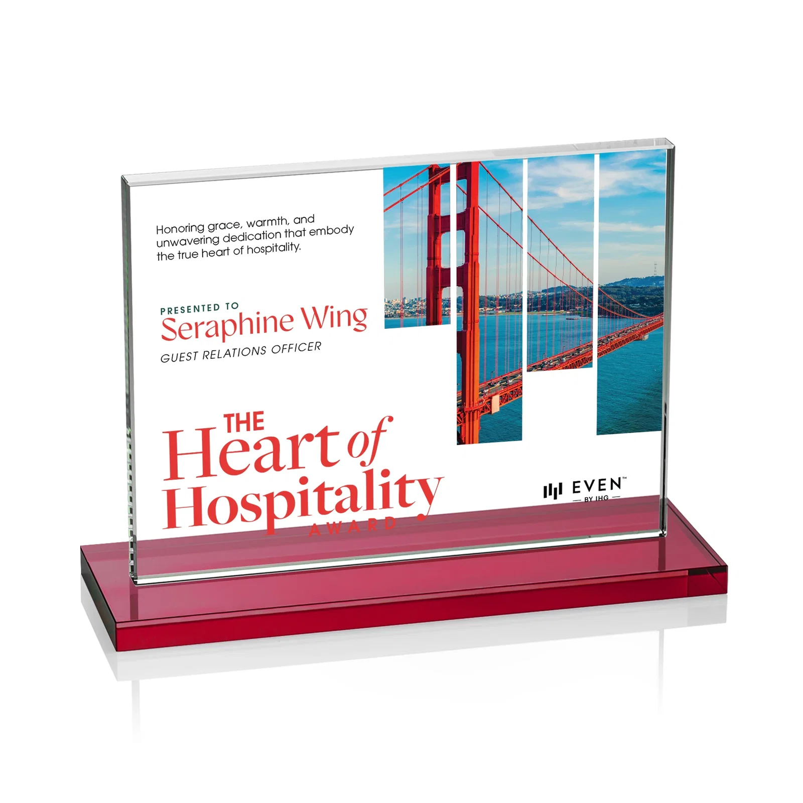 Custom Starfire Crystal Rectangle Award On An Ebony Base, with your logo for retirement presentations