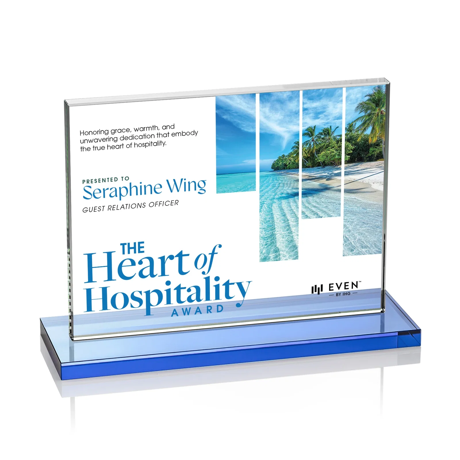 Custom Starfire Crystal Rectangle Award On An Ebony Base, with your logo for company anniversary events