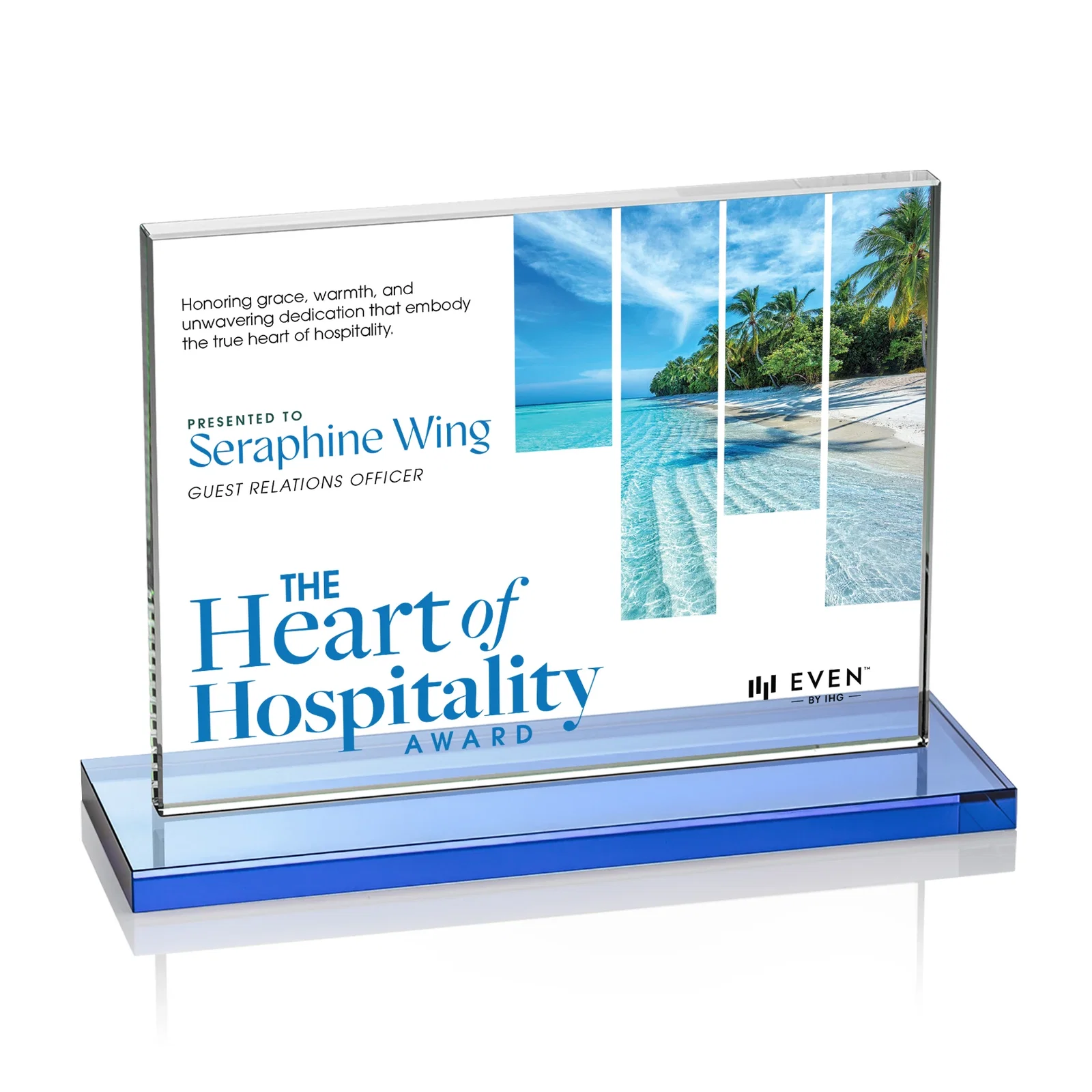 Personalized Starfire Crystal Rectangle Award On An Ebony Base, with your logo for employee recognition