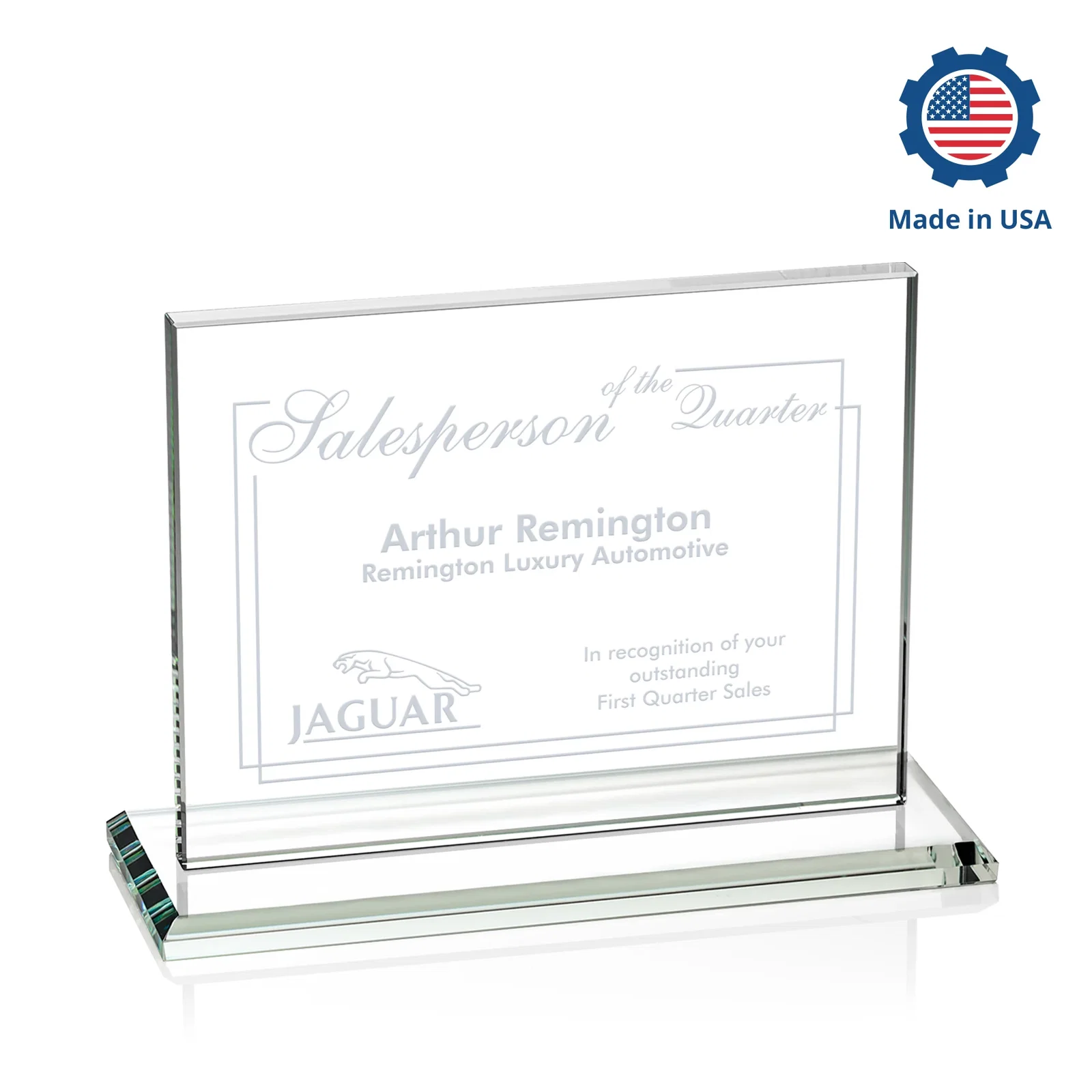 Personalized Starfire Crystal Rectangle Award On An Ebony Base, with your logo for dealer and partner awards