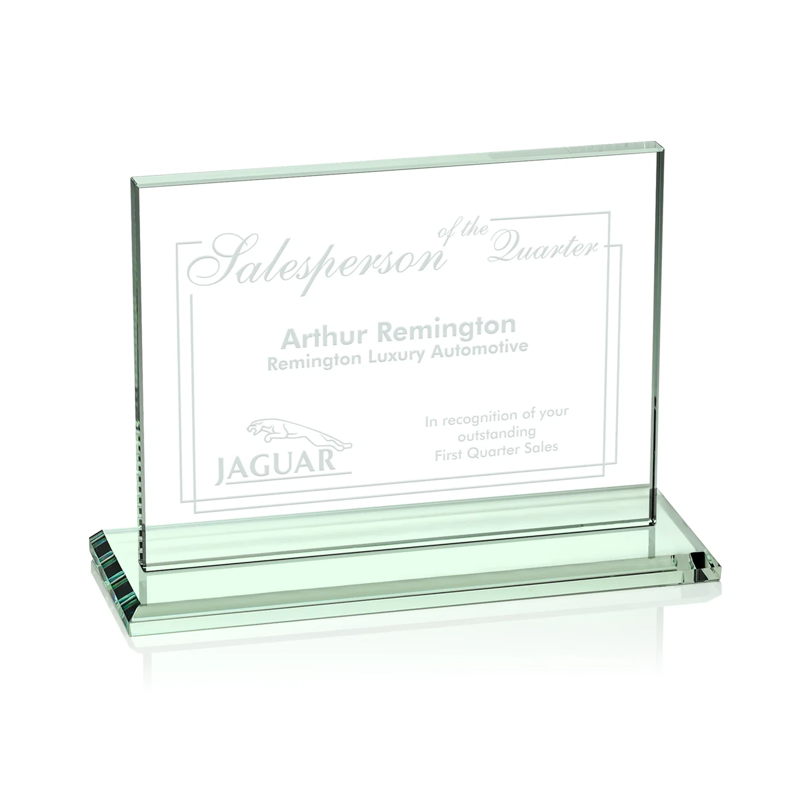 Personalized Starfire Crystal Rectangle Award On An Ebony Base for sales achievement awards