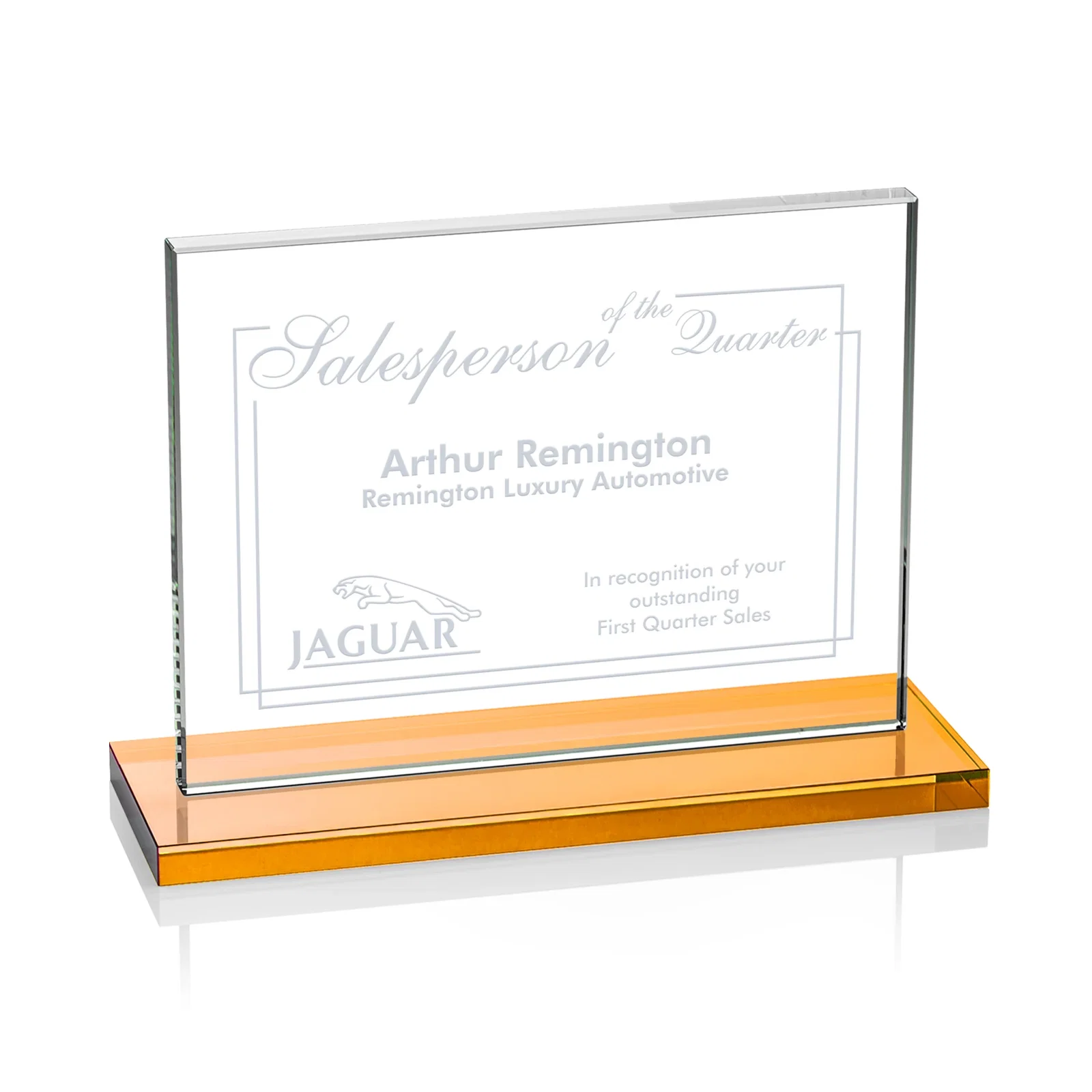 Personalized Starfire Crystal Rectangle Award On An Ebony Base for dealer and partner awards