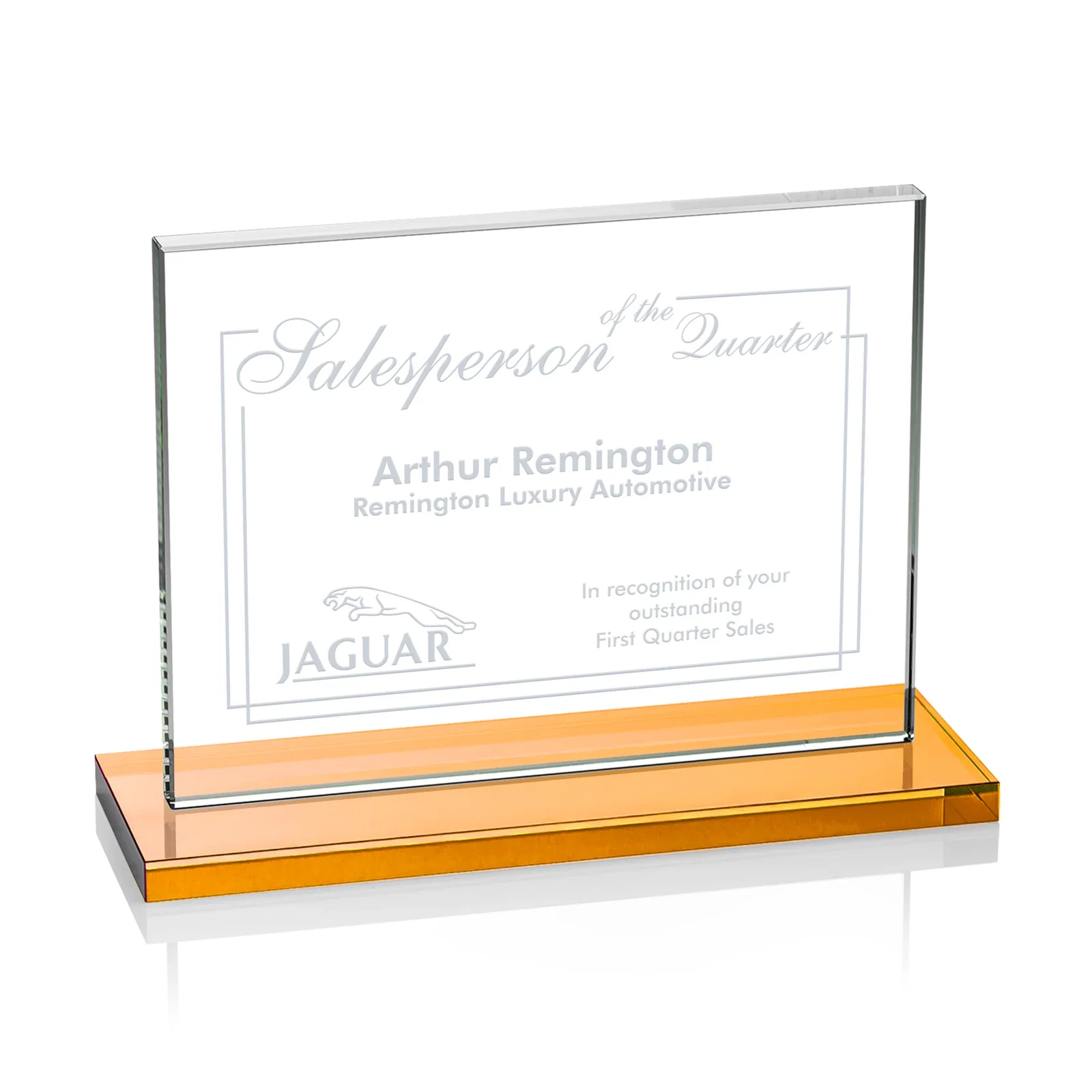Personalized Starfire Crystal Rectangle Award On An Ebony Base for company anniversary events