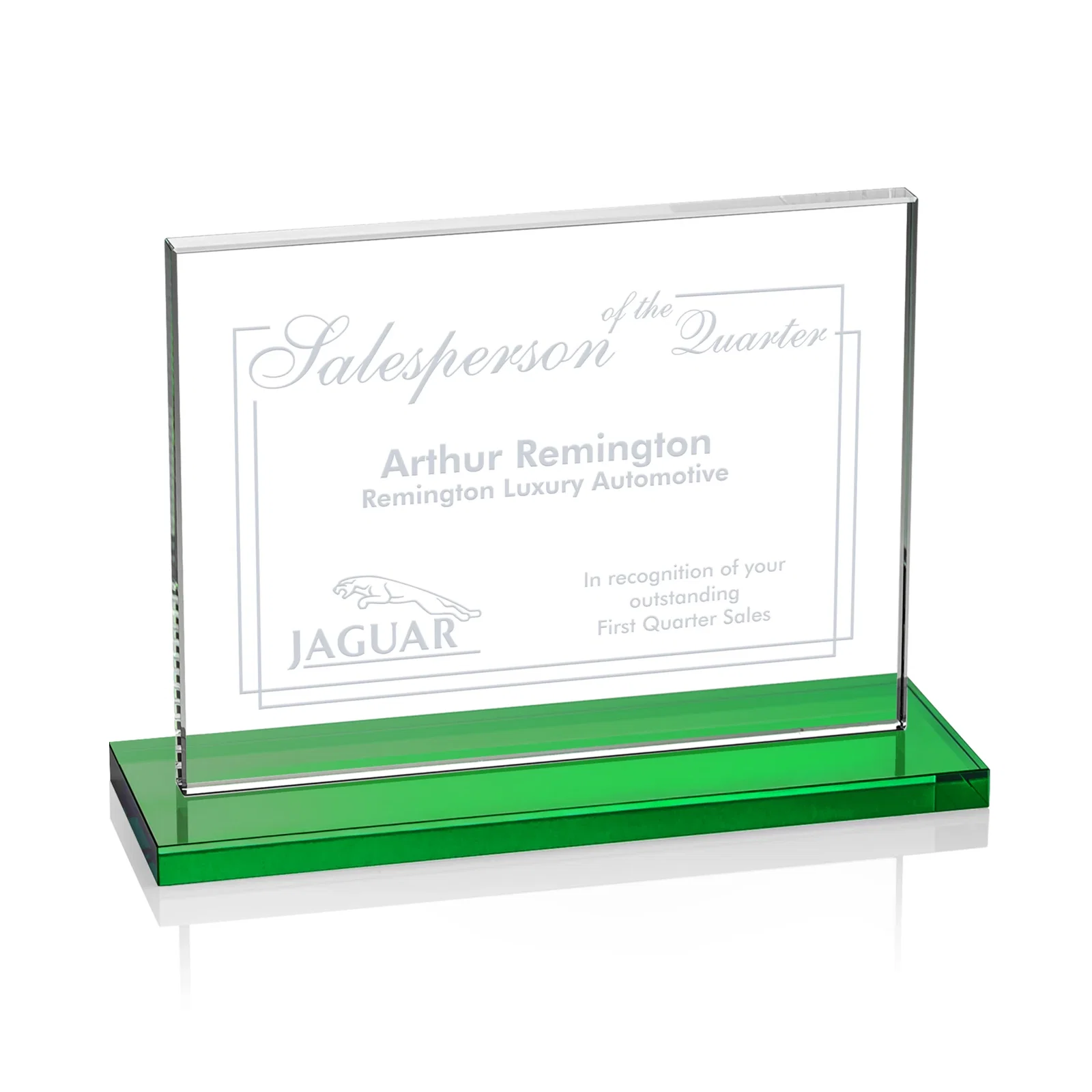 Promotional Starfire Crystal Rectangle Award On An Ebony Base for retirement presentations