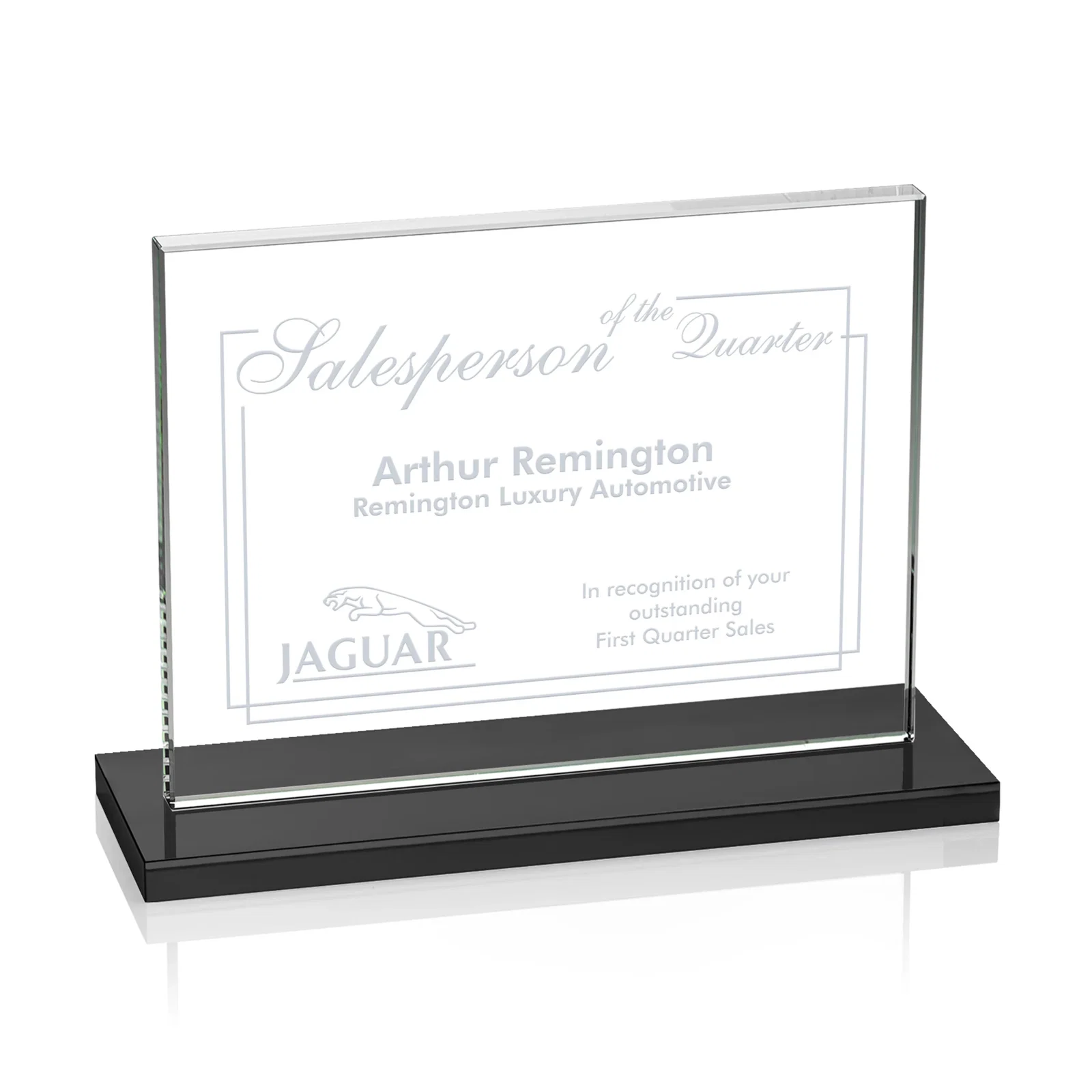 Custom Starfire Crystal Rectangle Award On An Ebony Base for retirement presentations