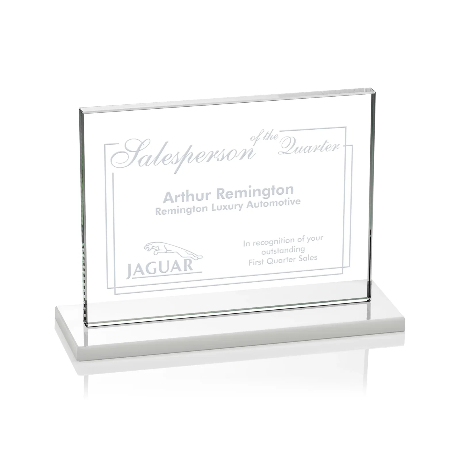 Custom printed Starfire Crystal Rectangle Award On An Ebony Base for service anniversary gifts