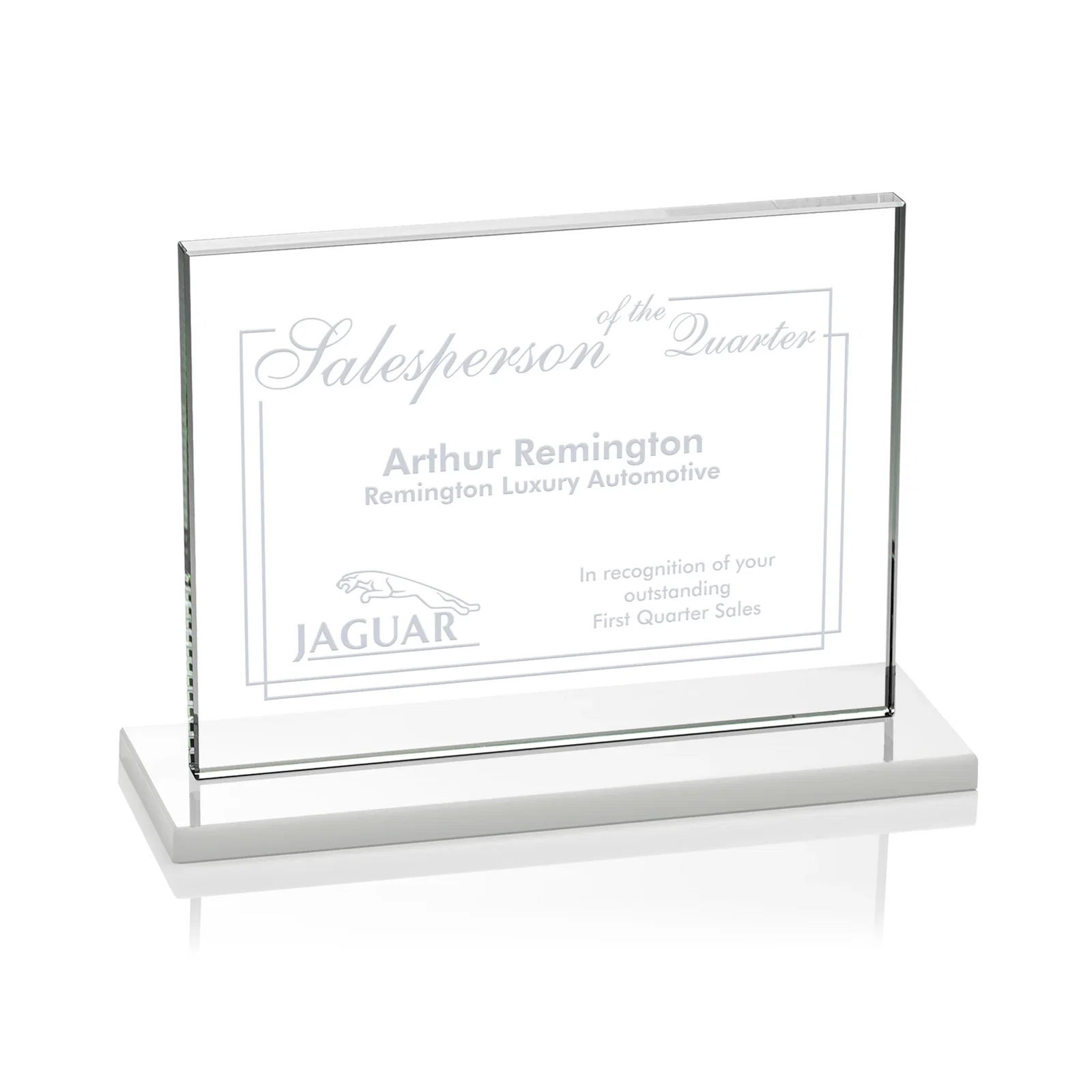 Custom printed Starfire Crystal Rectangle Award On An Ebony Base for sales achievement awards