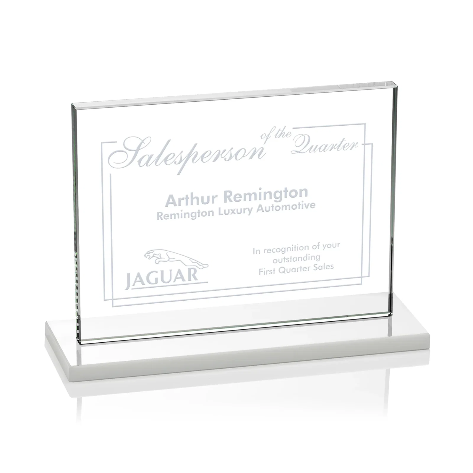 Custom printed Starfire Crystal Rectangle Award On An Ebony Base for retirement presentations
