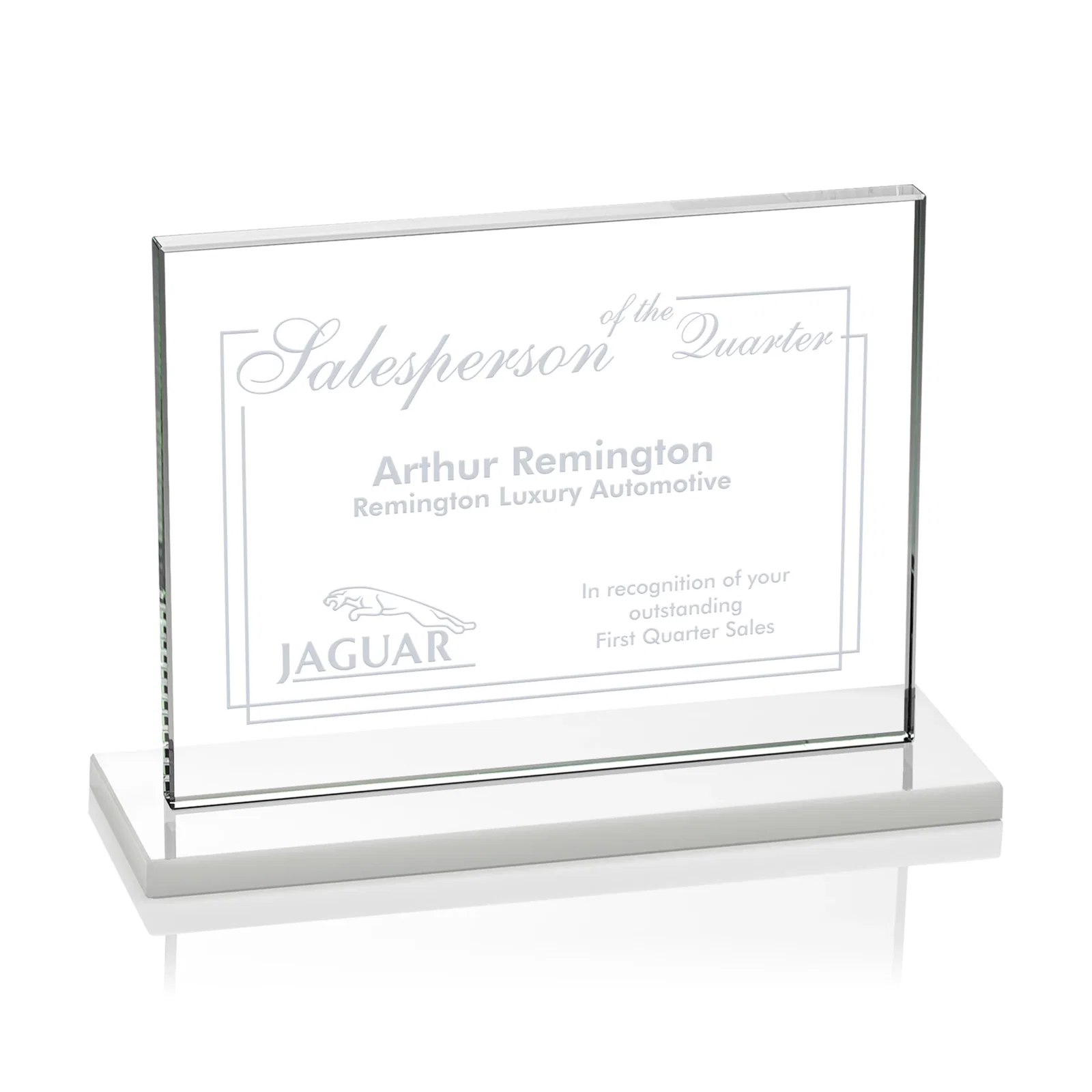 Custom printed Starfire Crystal Rectangle Award On An Ebony Base for team milestone celebrations