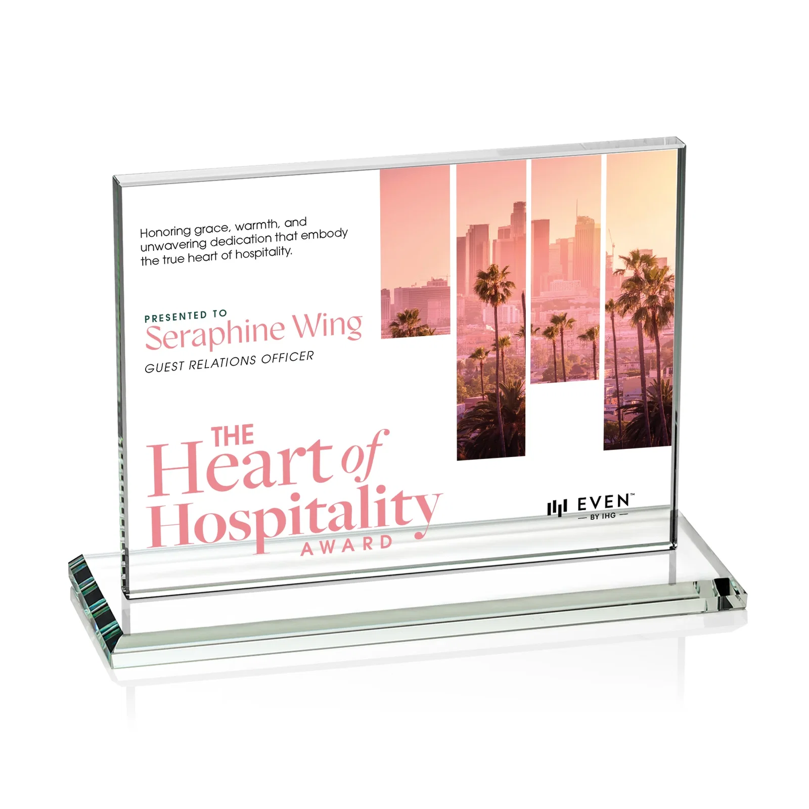 Custom printed Starfire Crystal Rectangle Award On An Ebony Base for company anniversary events