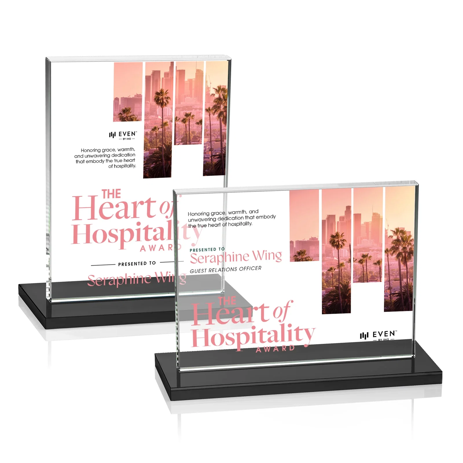 Custom engraved Starfire Crystal Rectangle Award On An Ebony Base for corporate award ceremonies