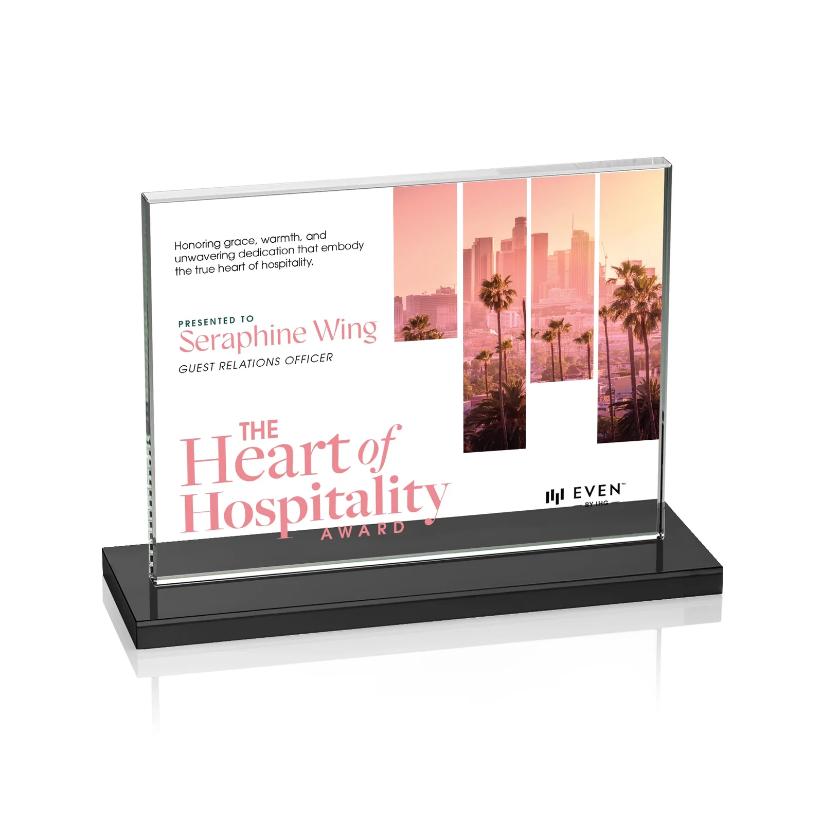 Custom engraved Starfire Crystal Rectangle Award On An Ebony Base for service anniversary gifts