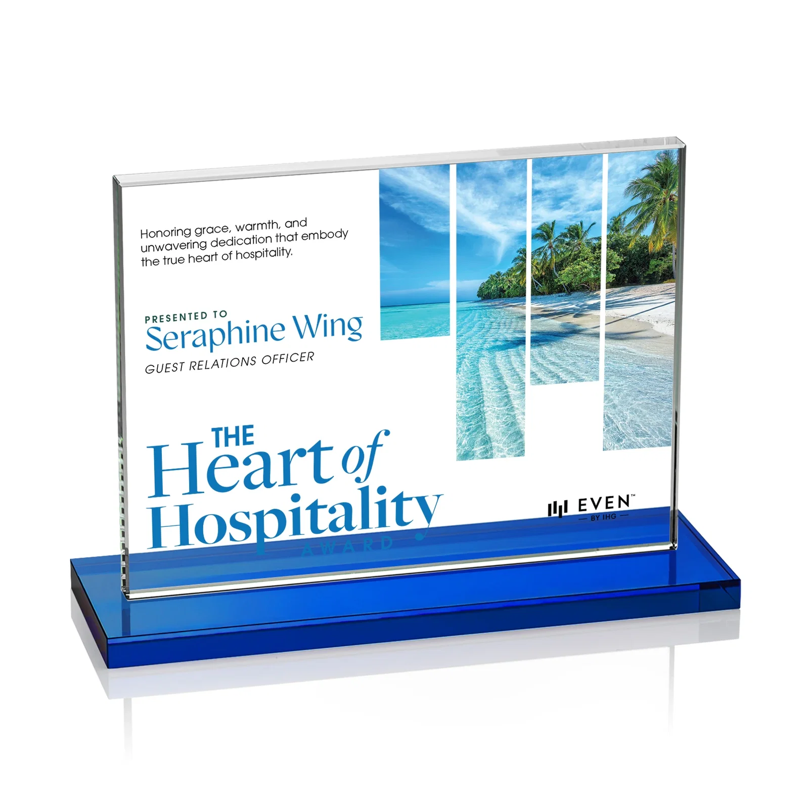 Custom engraved Starfire Crystal Rectangle Award On An Ebony Base for company anniversary events