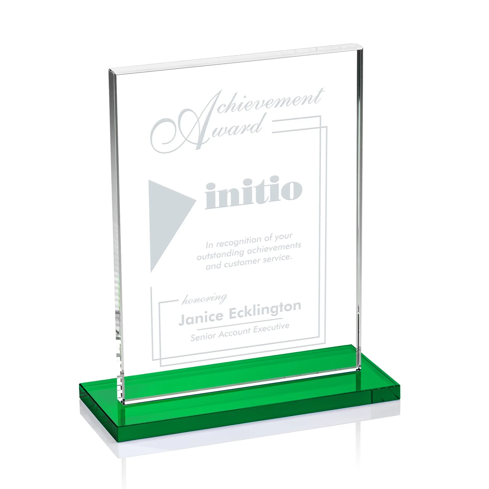 Personalized Jade Crystal Rectangle Award On A Jade Base, Vertical Or Horizontal for dealer and partner awards
