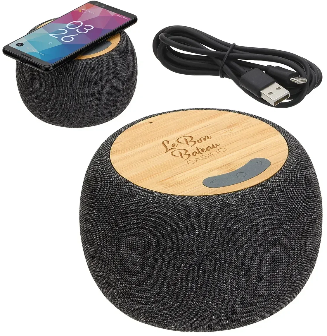 Custom Empire Bamboo Speaker with Wireless Charger, front view of the branded audio gift