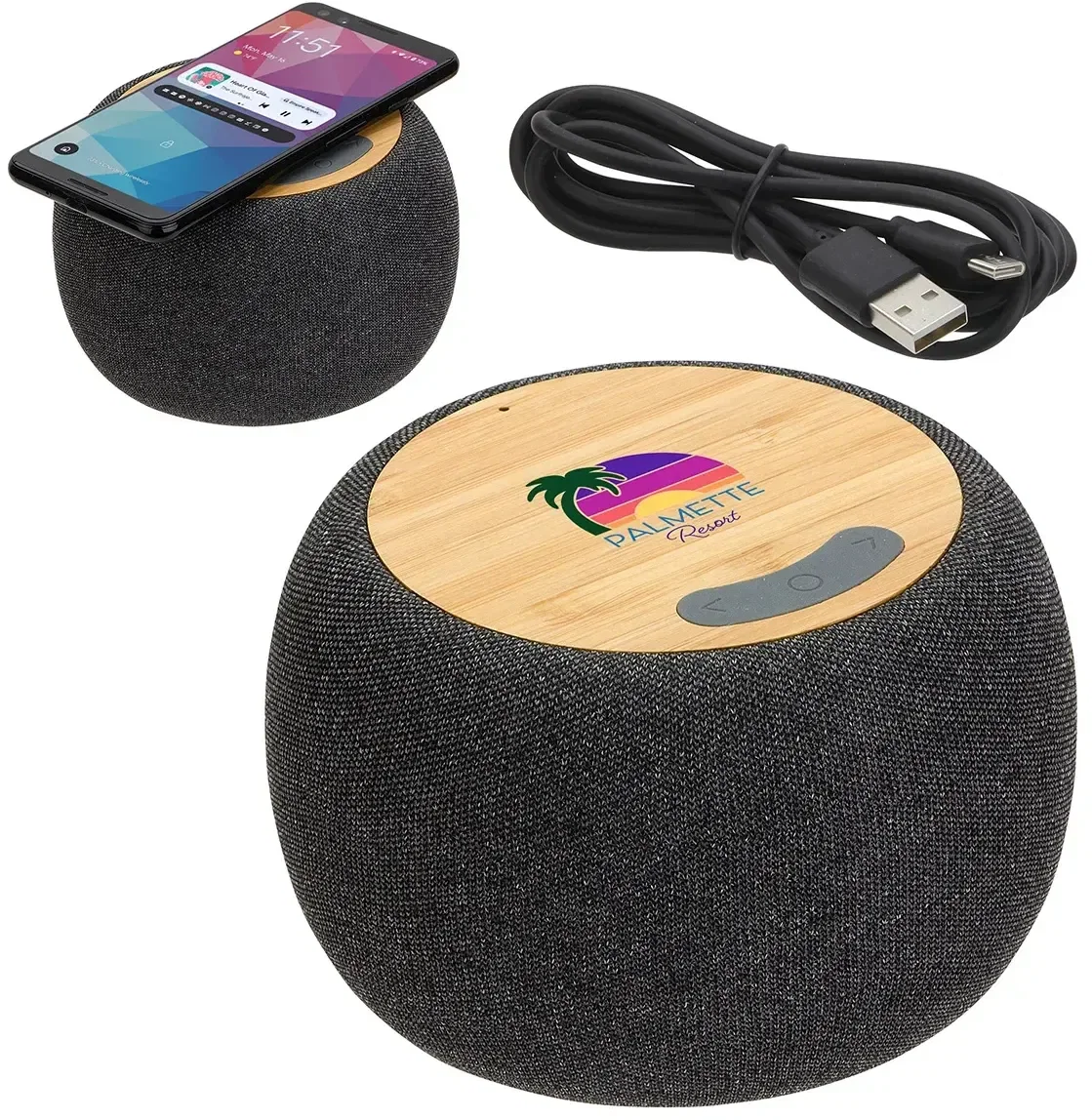 Custom Empire speaker top view showing the bamboo charging surface, branded audio gift