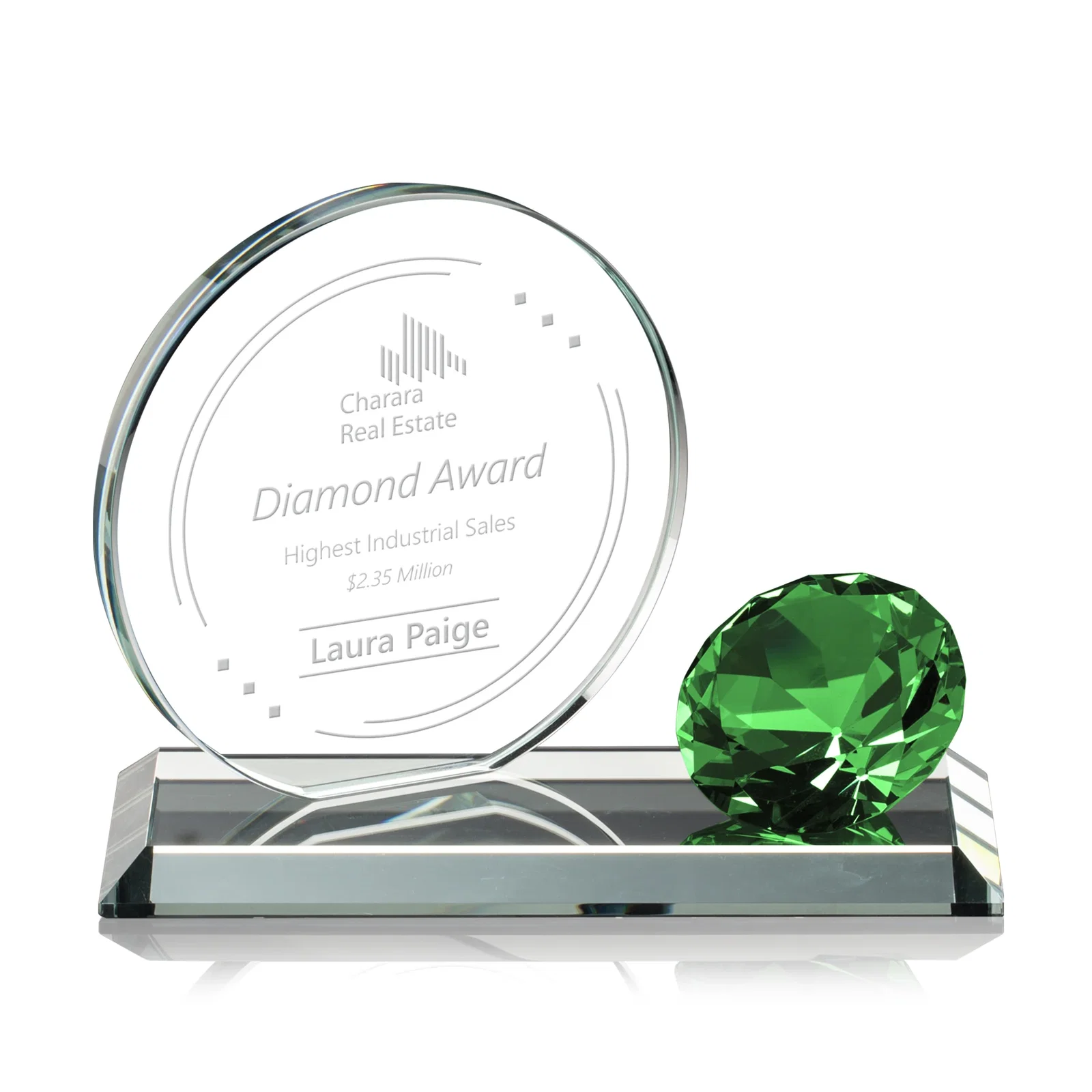 Custom Starfire Crystal Disc Award With Gemstone Diamond Accent for dealer and partner awards