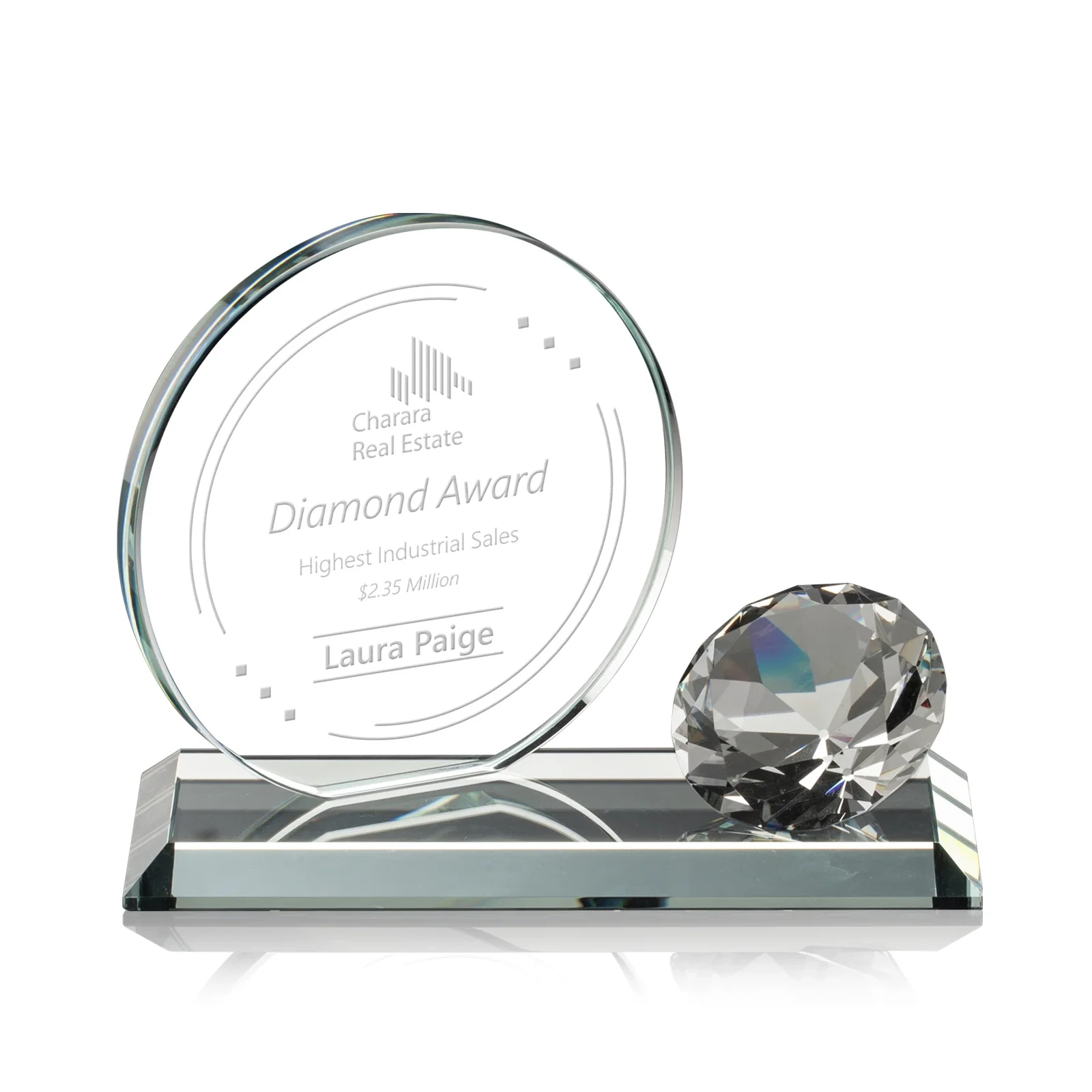 Custom Starfire Crystal Disc Award With Gemstone Diamond Accent for corporate award ceremonies