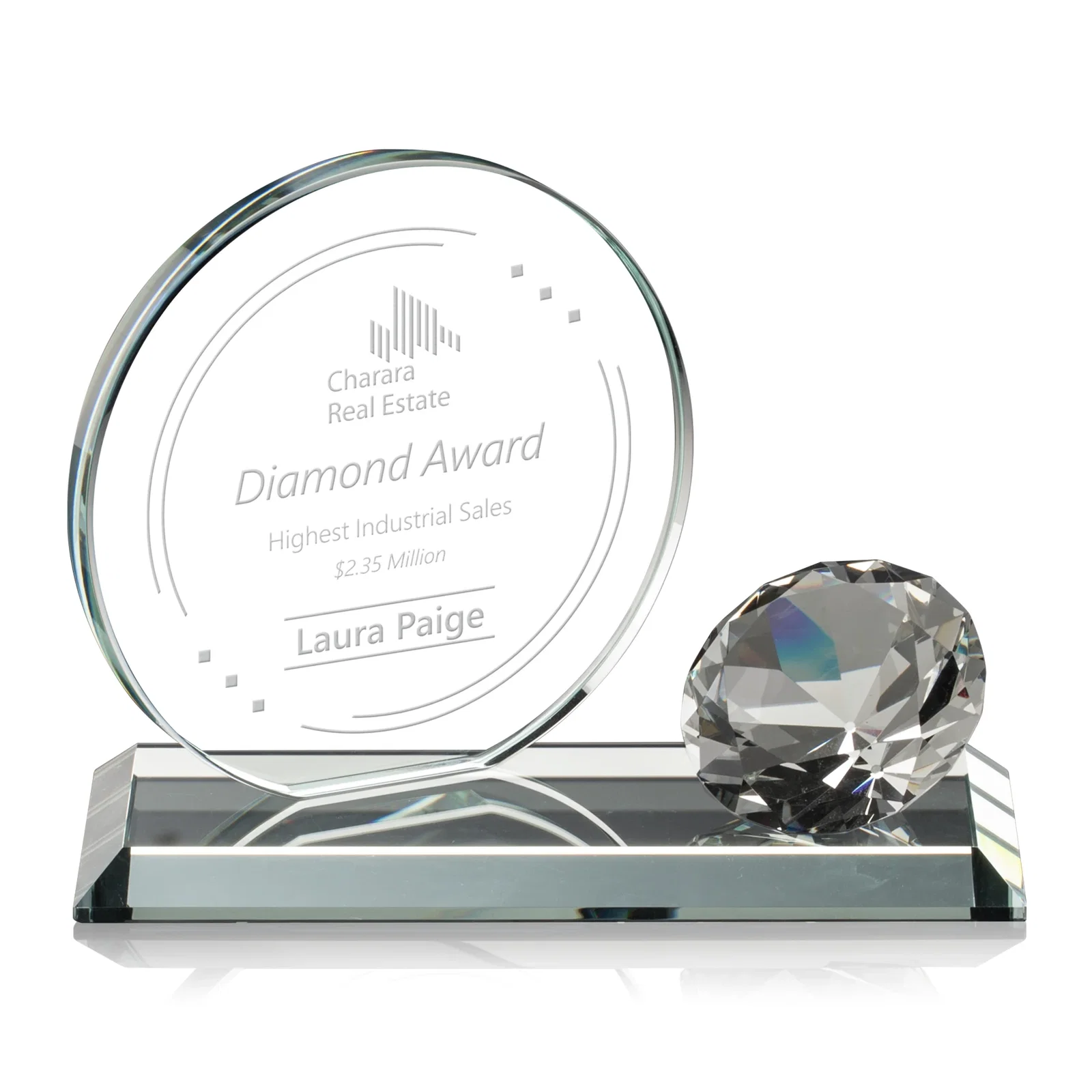 Custom Starfire Crystal Disc Award With Gemstone Diamond Accent for sales achievement awards