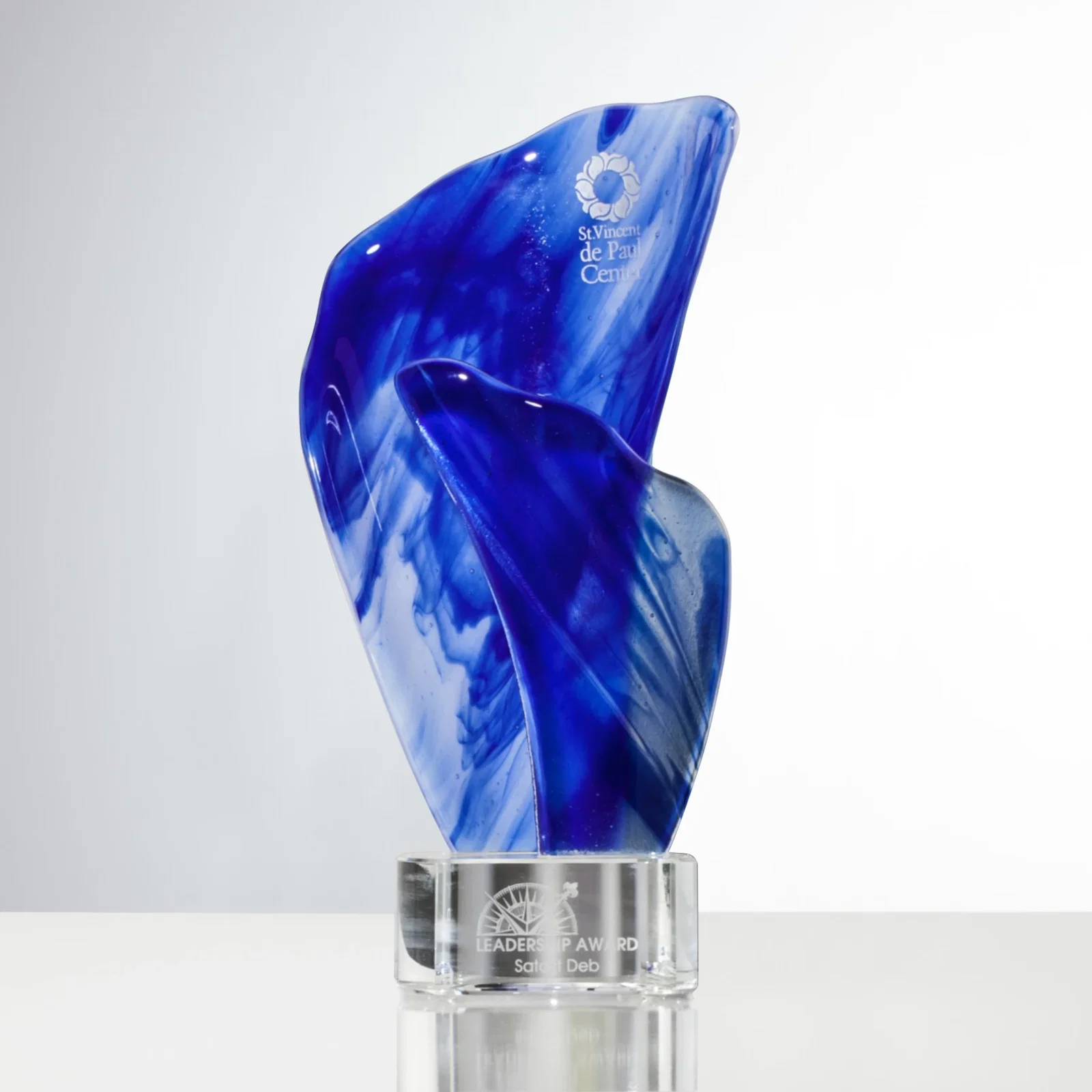 Custom Fused Green Red and Blue Art Glass Flame Award on Crystal Base for corporate award ceremonies