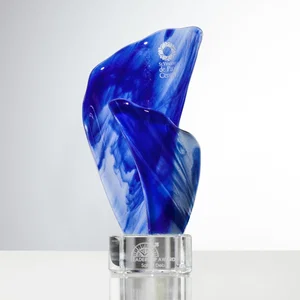 Fused Green Red and Blue Art Glass Flame Award on Crystal Base