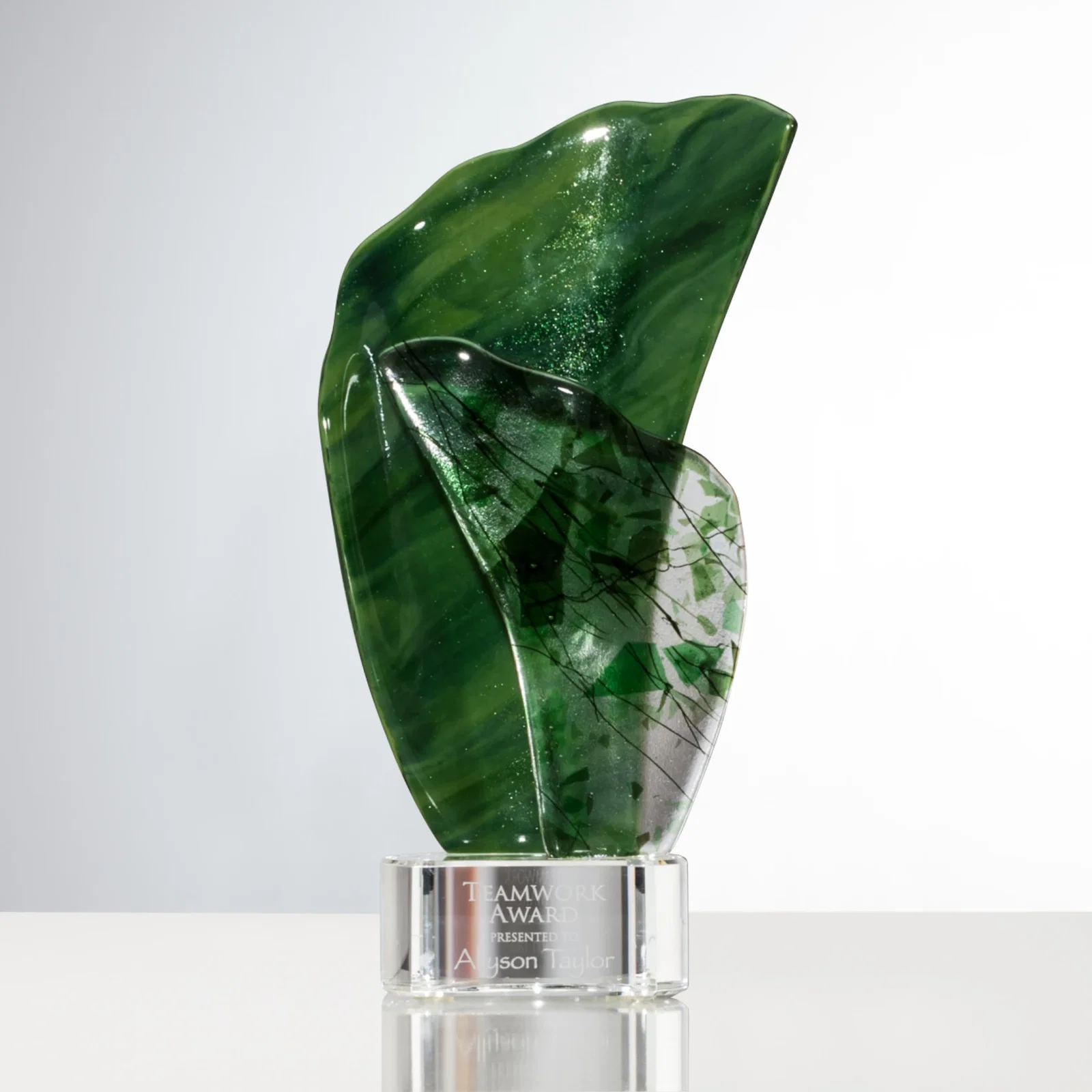 Custom Fused Green Red and Blue Art Glass Flame Award on Crystal Base for service anniversary gifts