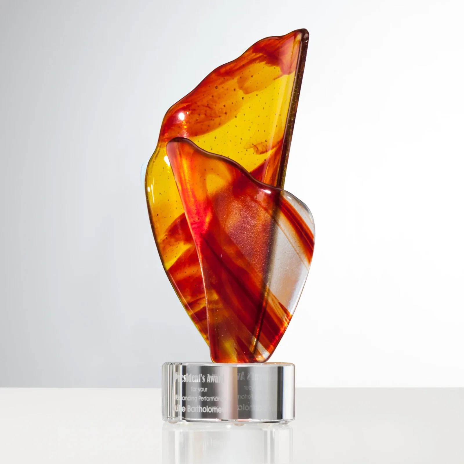 Custom Fused Green Red and Blue Art Glass Flame Award on Crystal Base for sales achievement awards