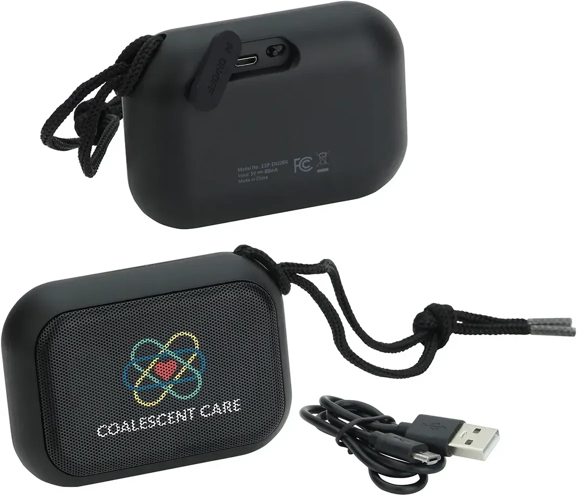 Custom Encore IPX6 waterproof wireless speaker, front view of the branded audio gift
