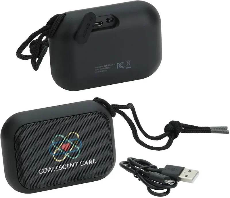 Custom Encore IPX6 waterproof wireless speaker, front view of the branded audio gift