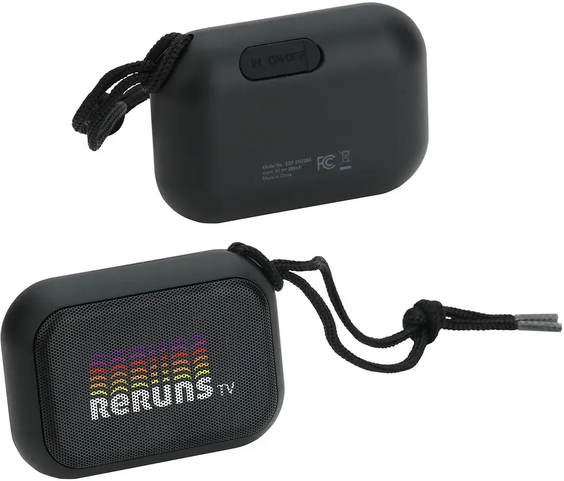 Branded Encore waterproof speaker side profile, promotional IPX6 wireless speaker