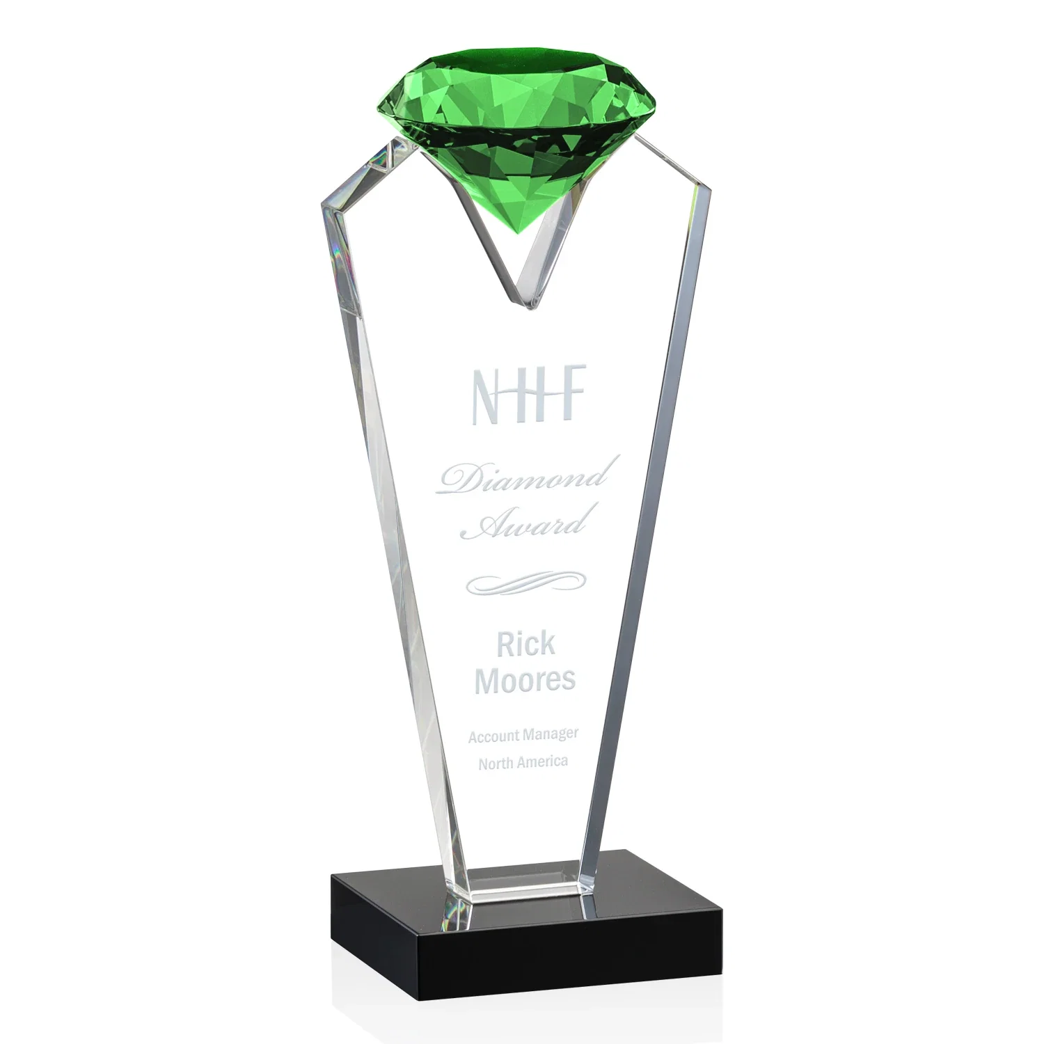 Personalized Optical Crystal Gemstone Award on an Ebony Base for sales achievement awards
