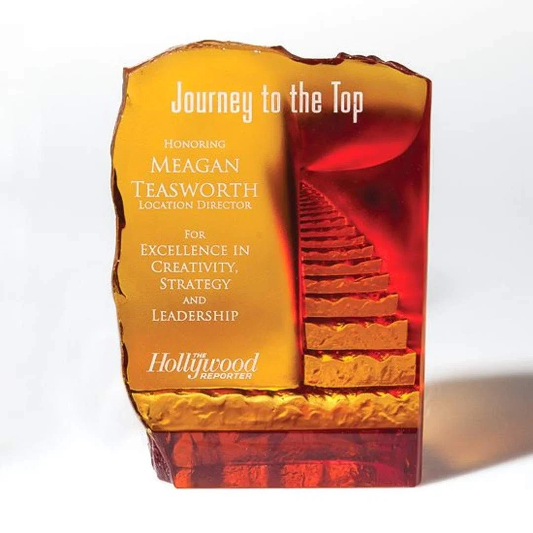 Custom Amber Pate de Verre Glass Award With Endless Stairway Illusion for employee recognition