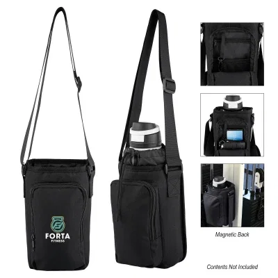 Drawstring bottle bag with a magnetic closure at the top