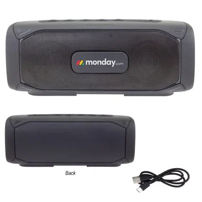 Black wireless speaker measuring roughly eight inches wide