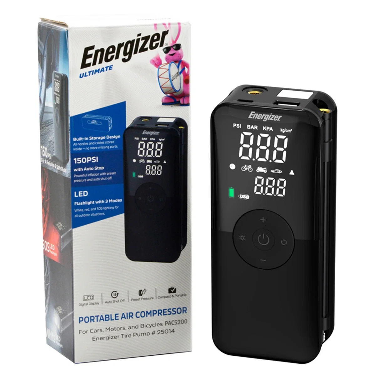 Handheld tire pump held upright in one hand