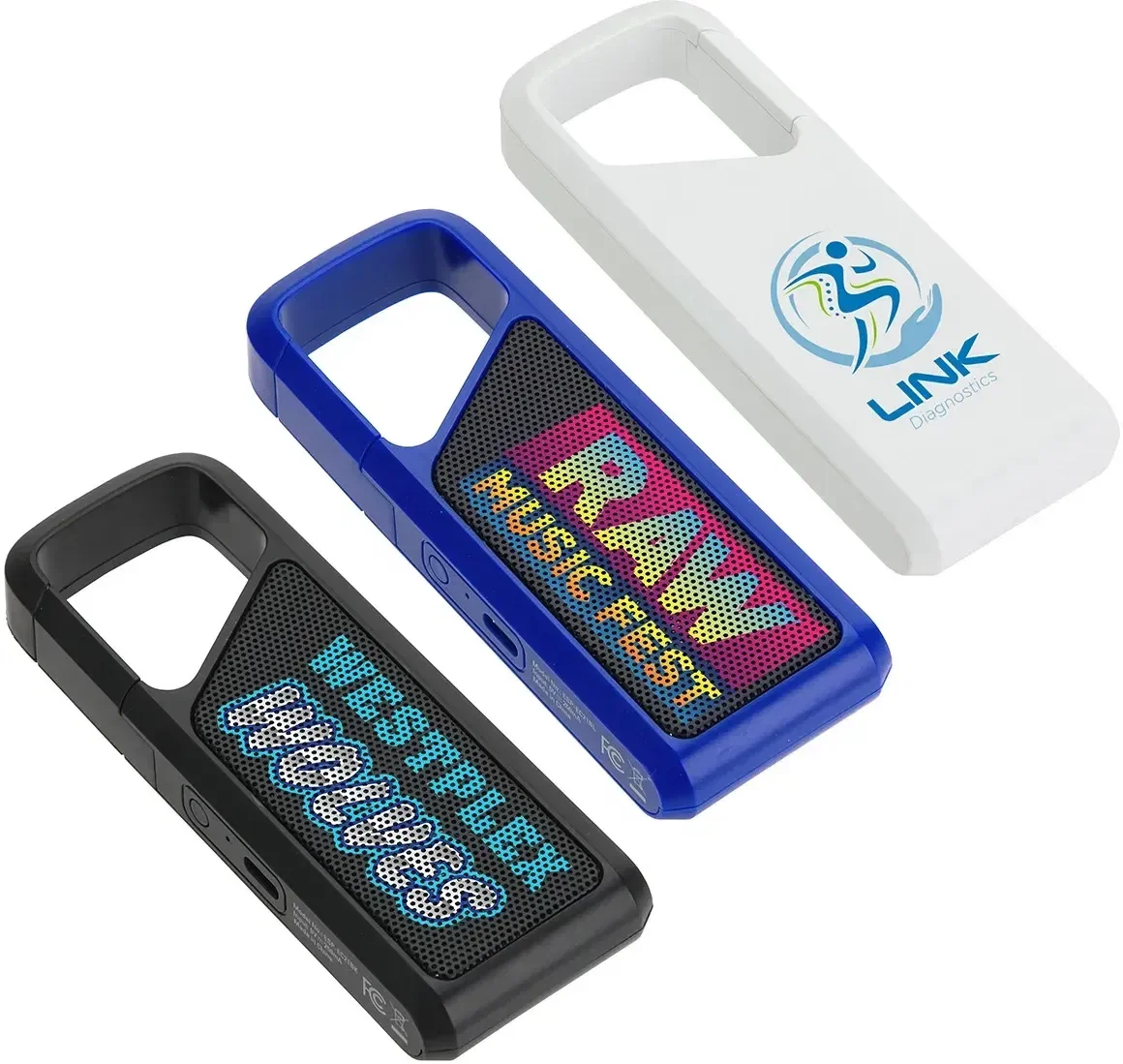 Ensemble Clip-On Wireless Speaker, custom branded wireless speaker front view with logo