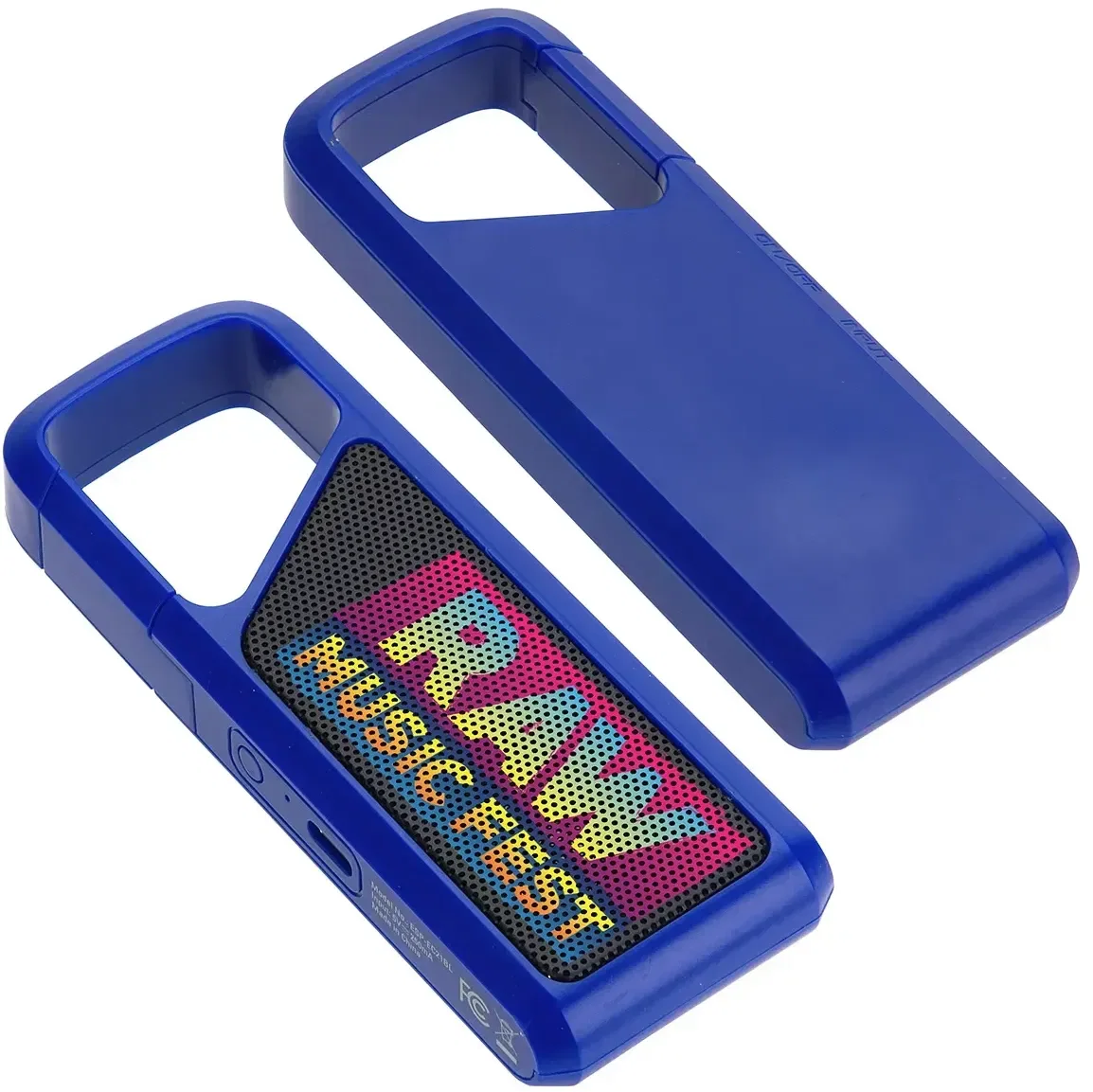 Ensemble promotional clip-on speaker, side view showing spring-loaded carabiner clip