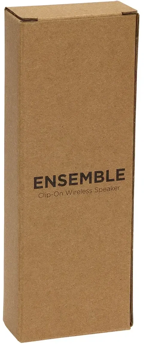 custom Ensemble speaker clipped to a bag, branded clip-on wireless speaker in use
